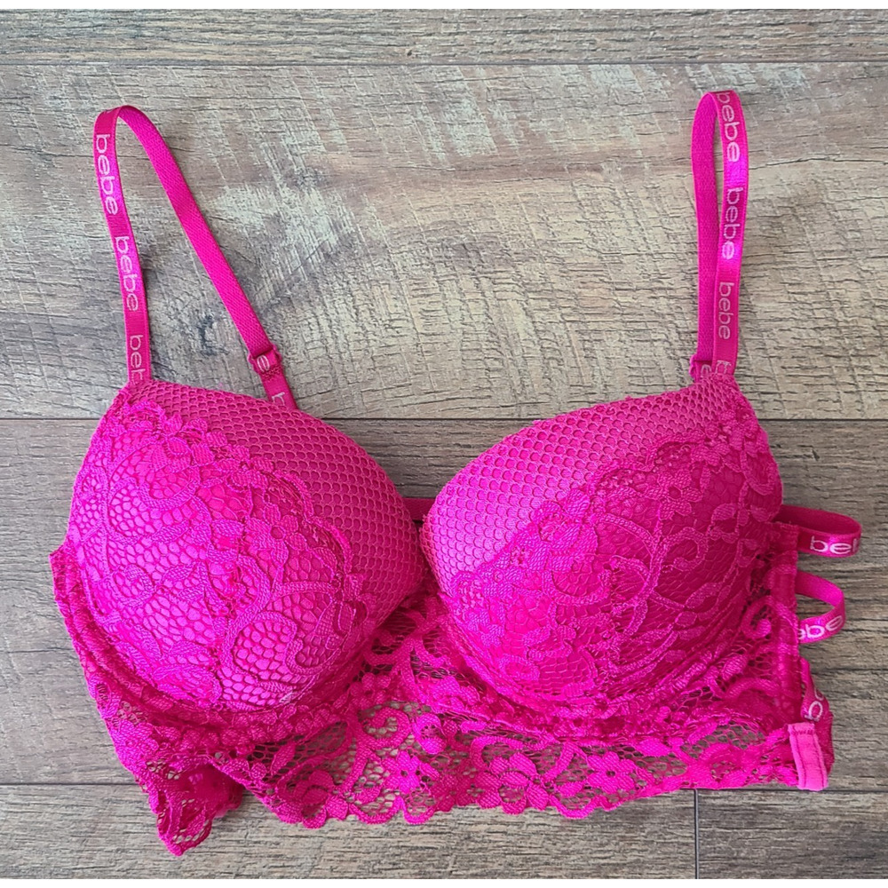 Bebe Bra 36C Underwire Floral Pink Lace Nylon Spandex Blend Opaque